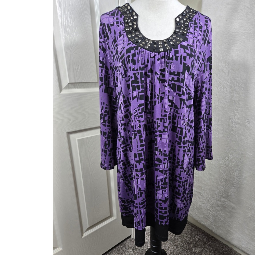 Apt 9 Womens XL Purple Black Geometric Long Sleeve Studded Neck Dress